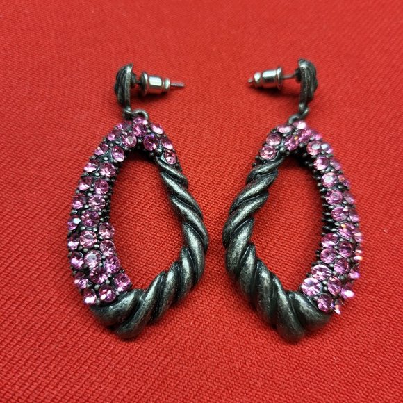 Drop Dangle Earring Pewter Silver with Pink Rhinestones - Picture 1 of 12